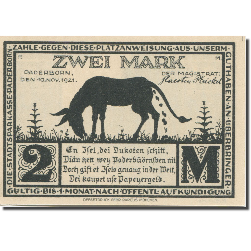 Banknote, Germany, Paderborn, 2 Mark, âne 1921-11-10, UNC(63) Mehl:1043.4