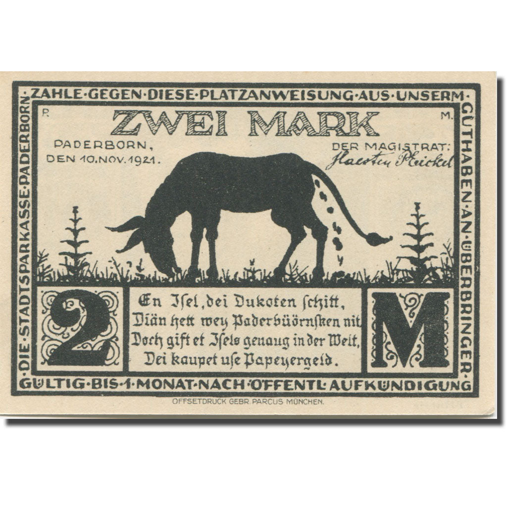Banknote, Germany, Paderborn, 2 Mark, ruelle, 1921 UNC(63) Mehl:1043.4