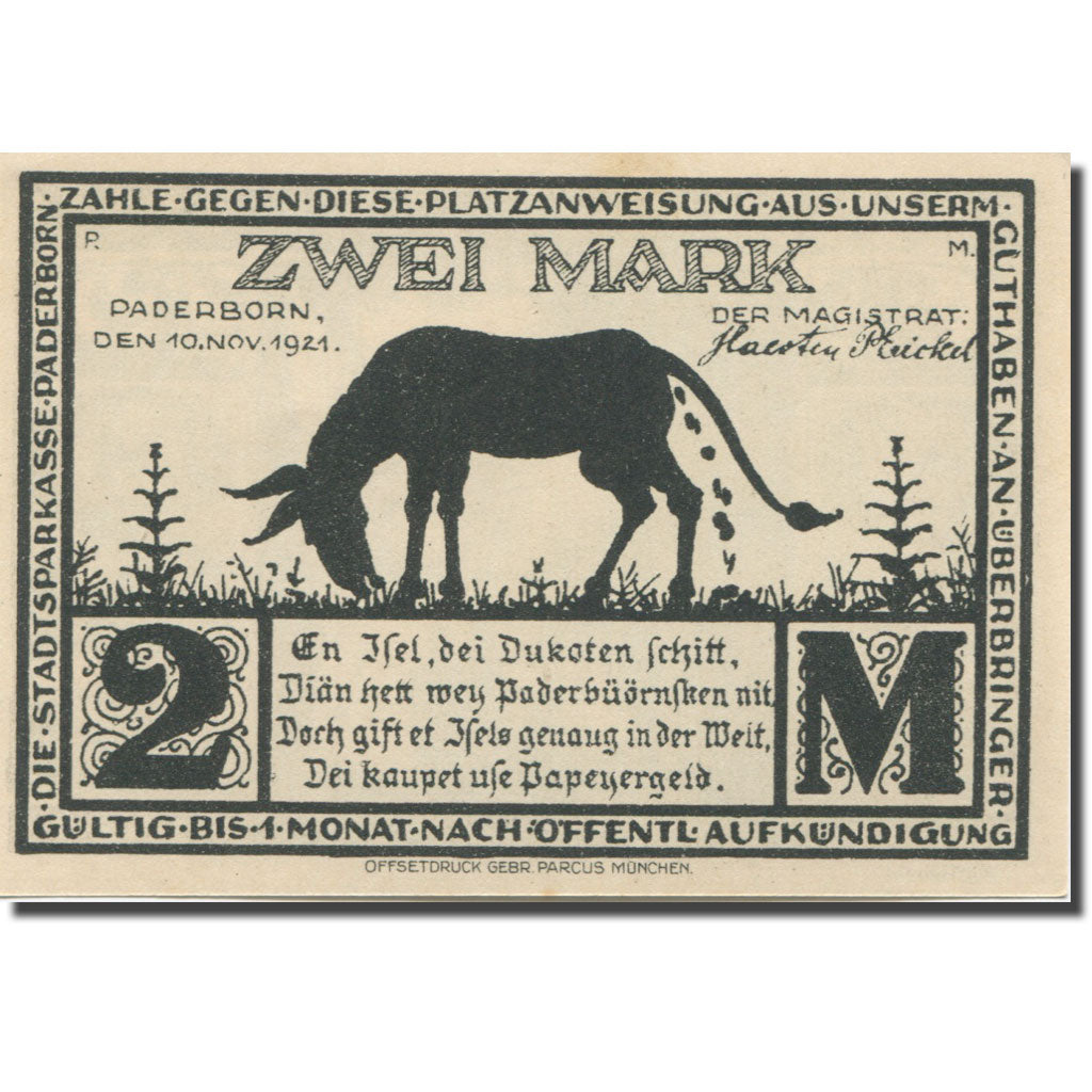 Banknote, Germany, Paderborn, 2 Mark, rue 1921-11-10, UNC(63) Mehl:1043.4