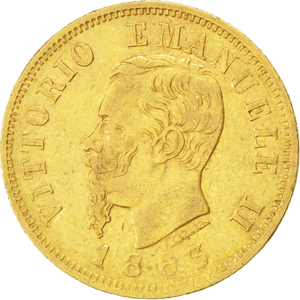 ITALY, 10 Lire, 1863, Torino, KM #9.3, EF(40-45), Gold, 19, 3.18