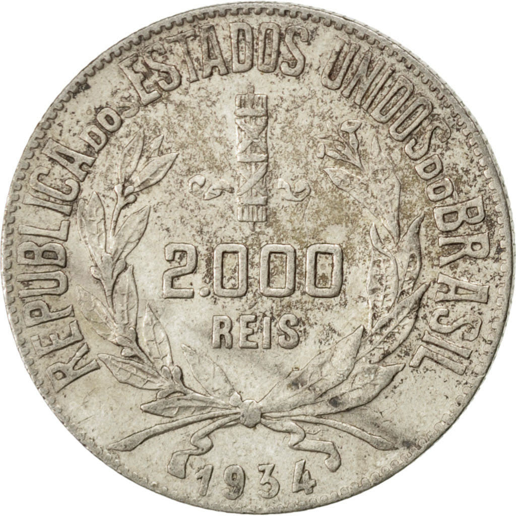 Coin, Brazil, 2000 Reis, 1934, MS(60-62), Silver, KM:526