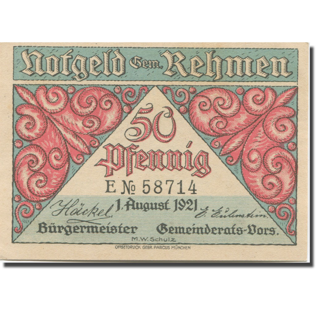 Banknote, Germany, Rehmen, 50 Pfennig, natation, 1921 UNC(63) Mehl:1108.1
