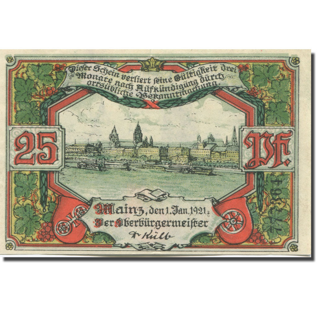 Banknote, Germany, Mainz, 25 Pfennig, château, 1921 UNC(63) Mehl:860.1a