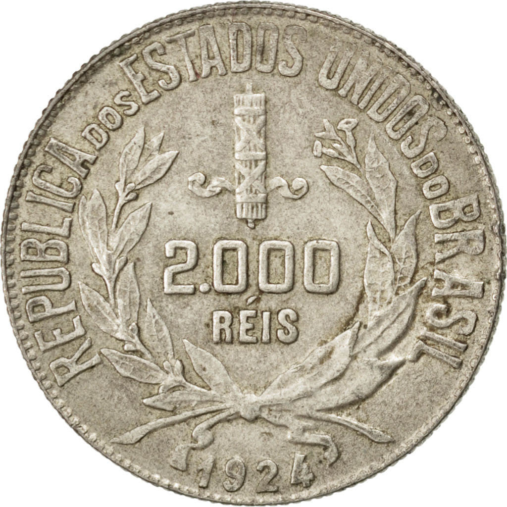 BRAZIL, 2000 Reis, 1924, KM #526, AU(55-58), Silver, 26, 8.02