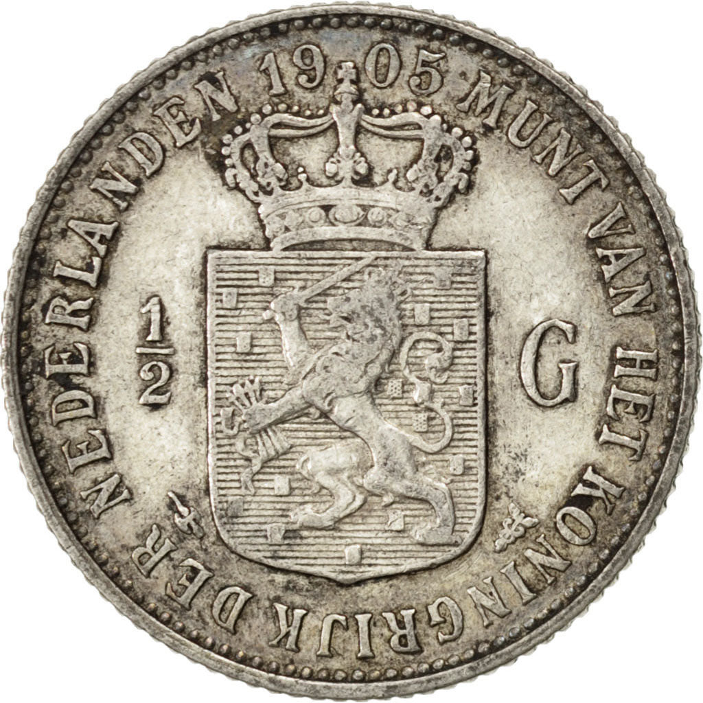 NETHERLANDS, 1/2 Gulden, 1905, KM #121.2, EF(40-45), Silver, 22, 4.99