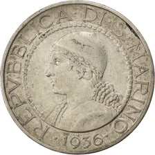SAN MARINO, 5 Lire, 1936, Rome, KM #9, AU(55-58), Silver, 23, 5.00
