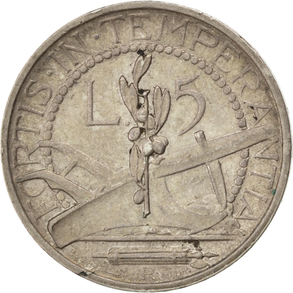 SAN MARINO, 5 Lire, 1936, Rome, KM #9, AU(55-58), Silver, 23, 5.00