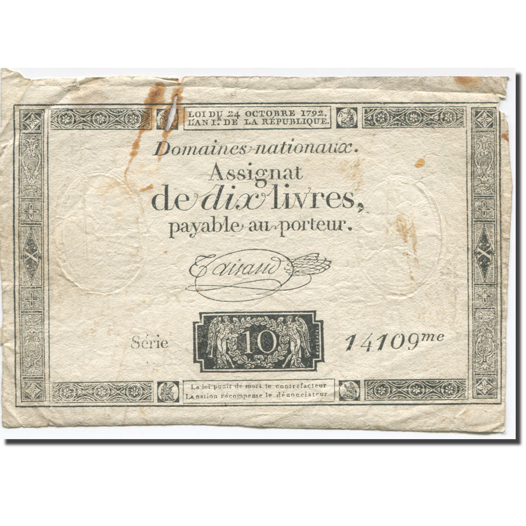 France, 10 Livres, 1792, Taisaud, 1792-10-24, B+, KM:A66b