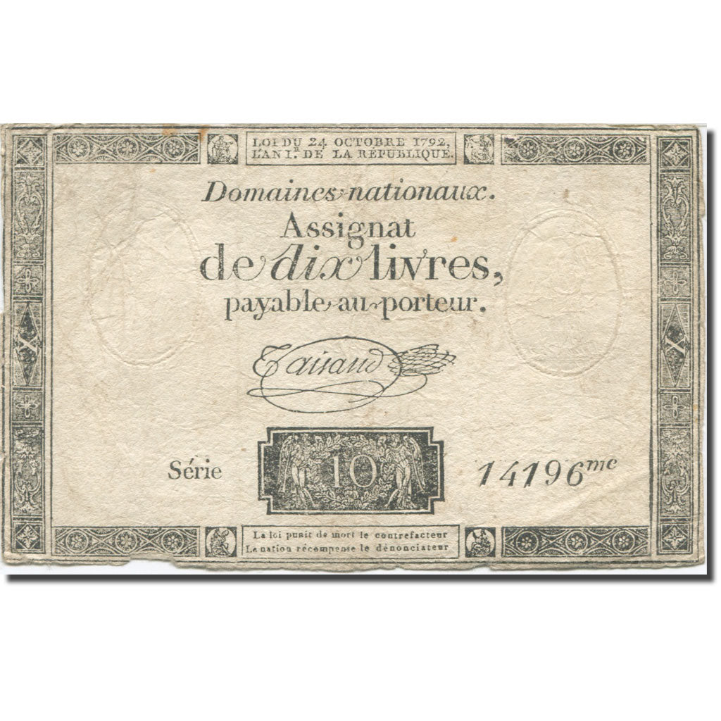France, 10 Livres, 1792, Taisaud, 1792-10-24, B+, KM:A66b