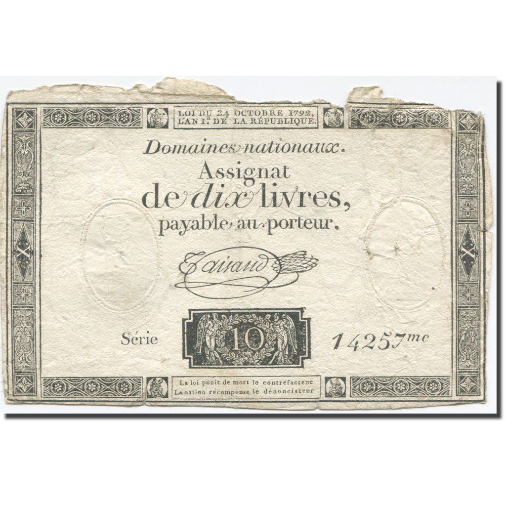 France, 10 Livres, 1792, Taisaud, 1792-10-24, B+, KM:A66b