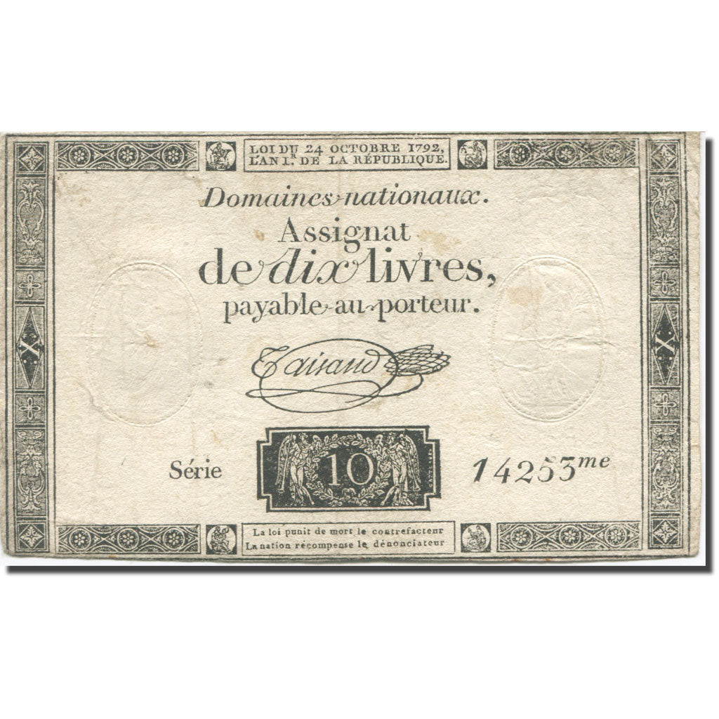França, 10 Livres, 1792, Taisaud, 1792-10-24, VF(20-25), KM:A66b