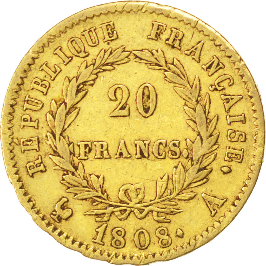 FRANCE, Napoléon I, 20 Francs, 1808, Paris, KM #687.1, EF(40-45), Gold, Gadoury 
