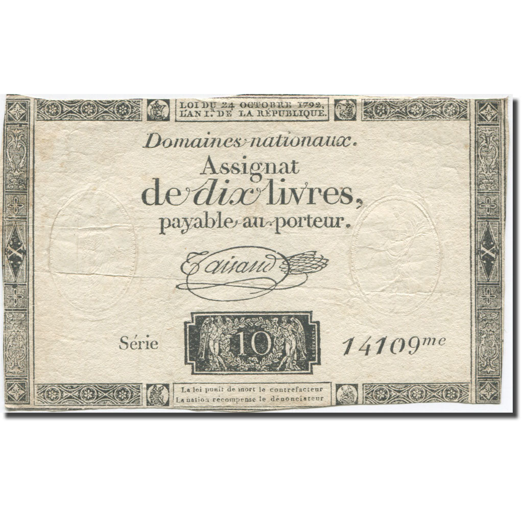 França, 10 Livres, 1792, Taisaud, 1792-10-24, VF(20-25), KM:A66b