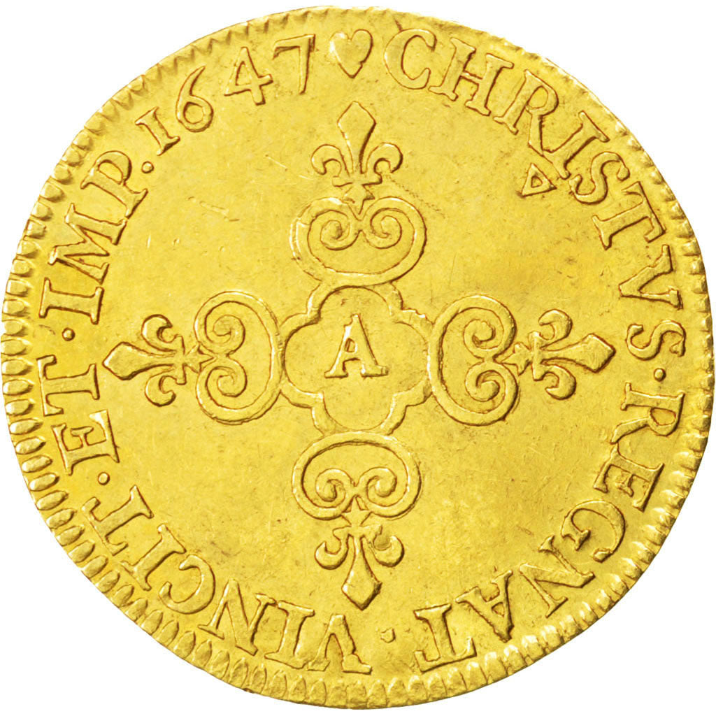 FRANCE, Écu d'or, ECU D'or, 1647, Paris, KM #146.1, AU(55-58), Gold, 3.36