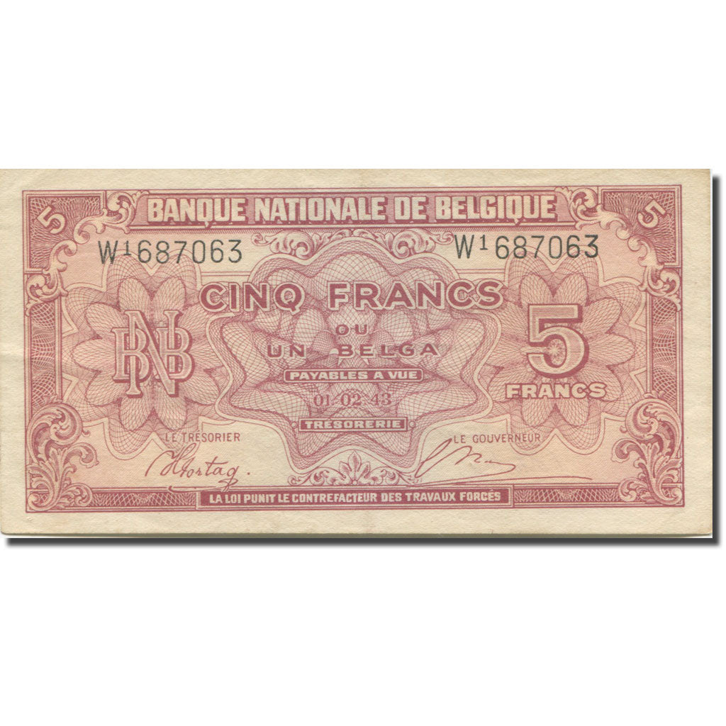 Billet, Belgique, 5 Francs-1 Belga, 1943, 1943-02-01, KM:121, TTB