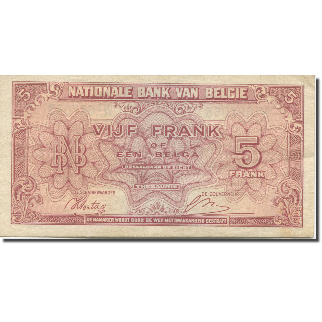 Billet, Belgique, 5 Francs-1 Belga, 1943, 1943-02-01, KM:121, TTB