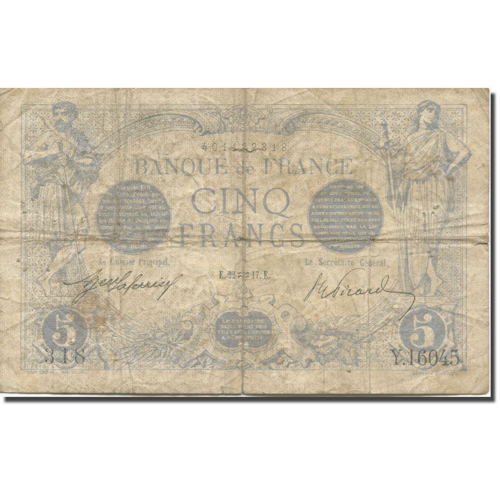 Francia, 5 Francs, Bleu, 1917, 1917-01-22, D+, Fayette:02.47, KM:70