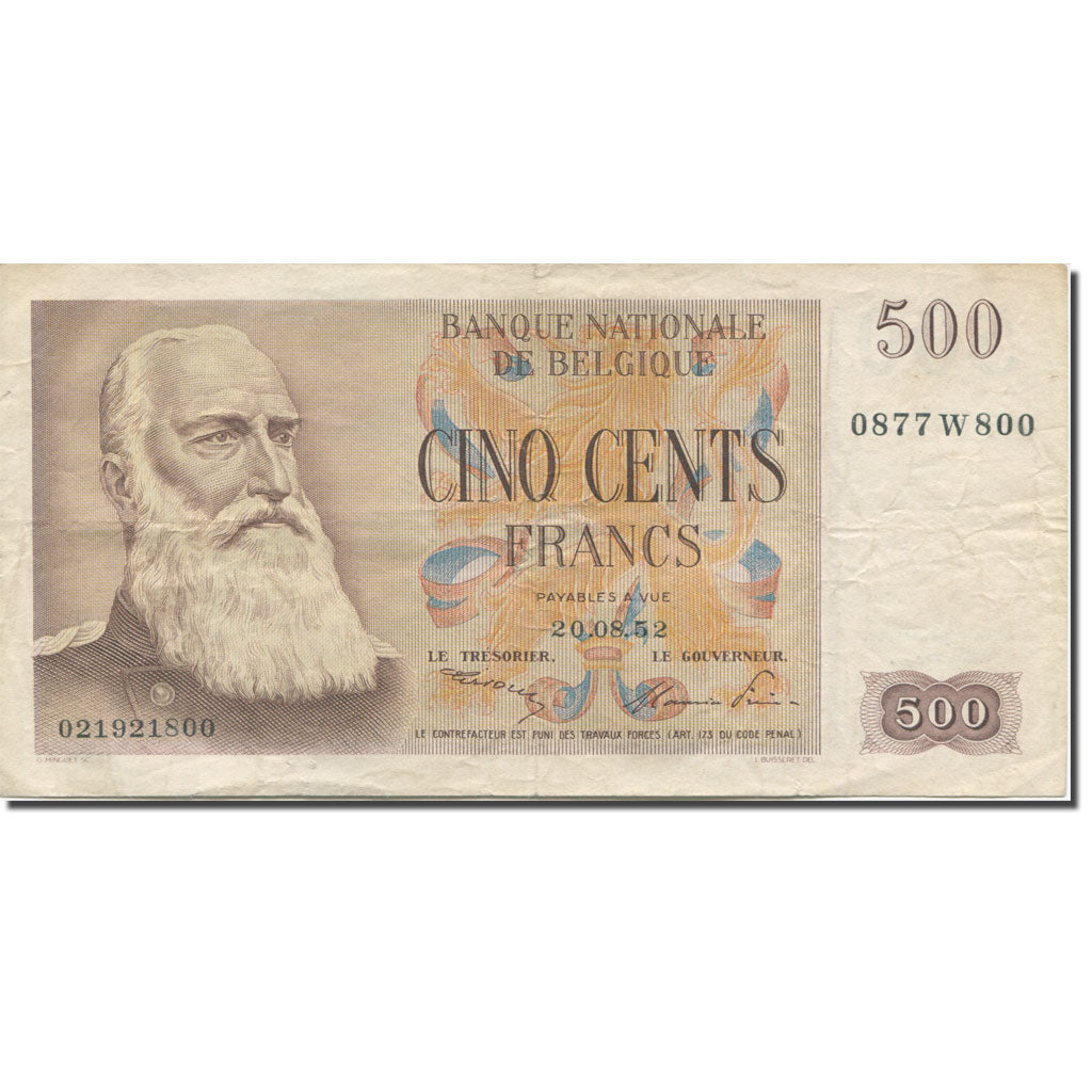 Banknote, Belgium, 500 Francs, 1952, 1952-08-20, KM:130a, VF(30-35)