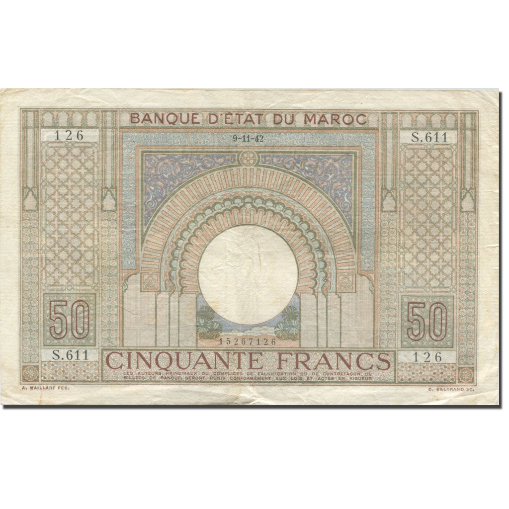 Banknote, Morocco, 50 Francs, 1942, 1942-11-09, KM:13, VF(20-25)