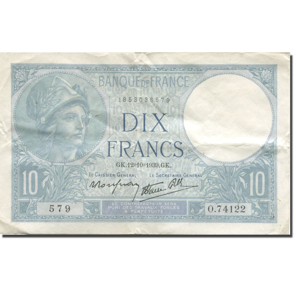 Frankreich, 10 Francs, Minerve, 1939, 1939-10-12, S+, Fayette:7.11, KM:84