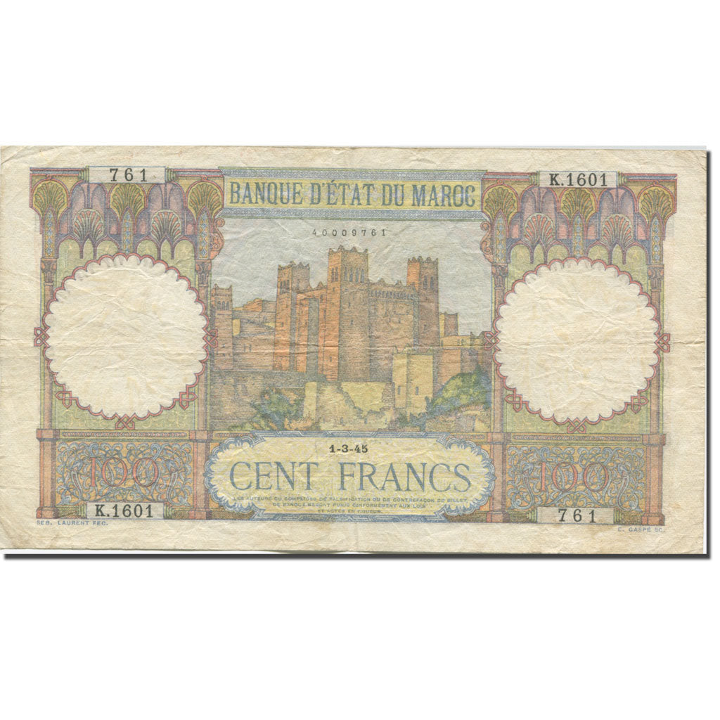 Banknote, Morocco, 100 Francs, 1945, 1945-03-01, KM:20, VG(8-10)