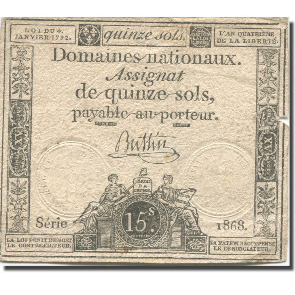 France, 15 Sols, 1792, Buttin, 1792-01-04, TB, KM:A54