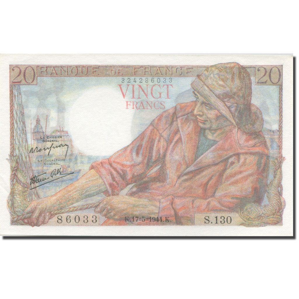 Frankrijk, 20 Francs, Pêcheur, 1942, 1944-05-17, SPL, Fayette:13.09, KM:100a