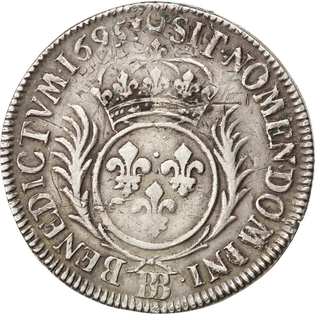 FRANCE, 1/2 Écu aux palmes, 1/2 ECU, 1695, Strasbourg, KM #295.4, EF(40-45), ...