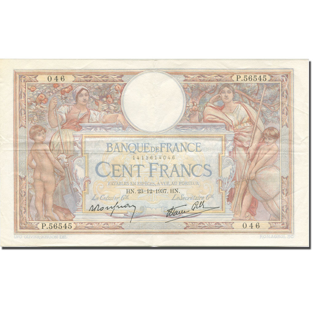 France, 100 Francs, Luc Olivier Merson, 1906, 1937-12-23, EF(40-45)