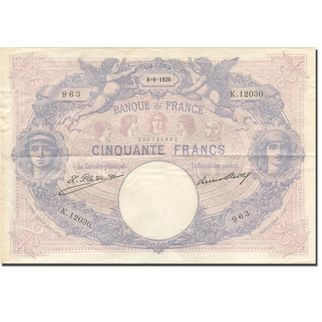 France, 50 Francs, Bleu et Rose, 1889, 1926-09-08, EF(40-45), Fayette:14.39