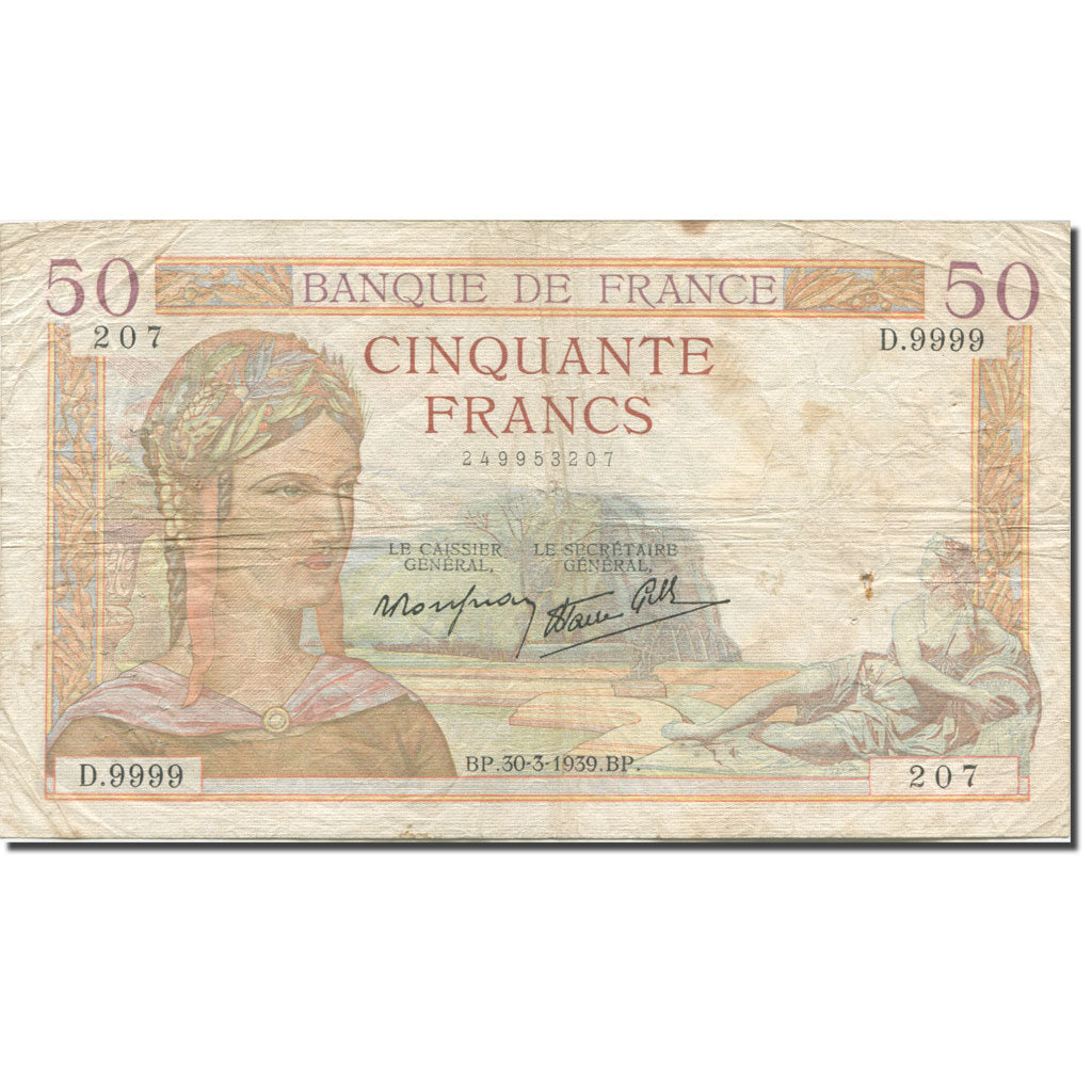Frankrijk, 50 Francs, Cérès, 1933, 1939-03-30, B, Fayette:18.24, KM:85b