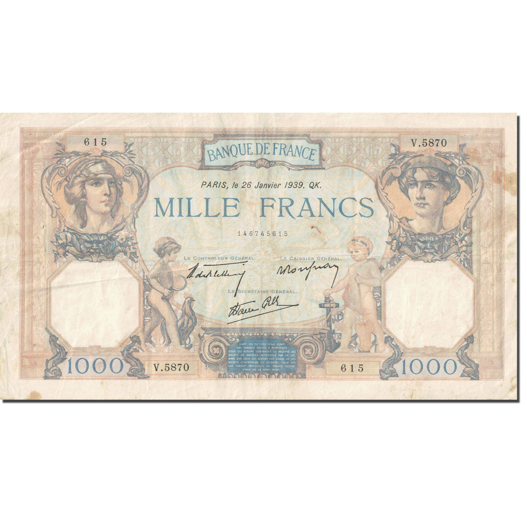 Frankrijk, 1000 Francs, Cérès et Mercure, 1927, 1939-01-26, B+, Fayette:38.33