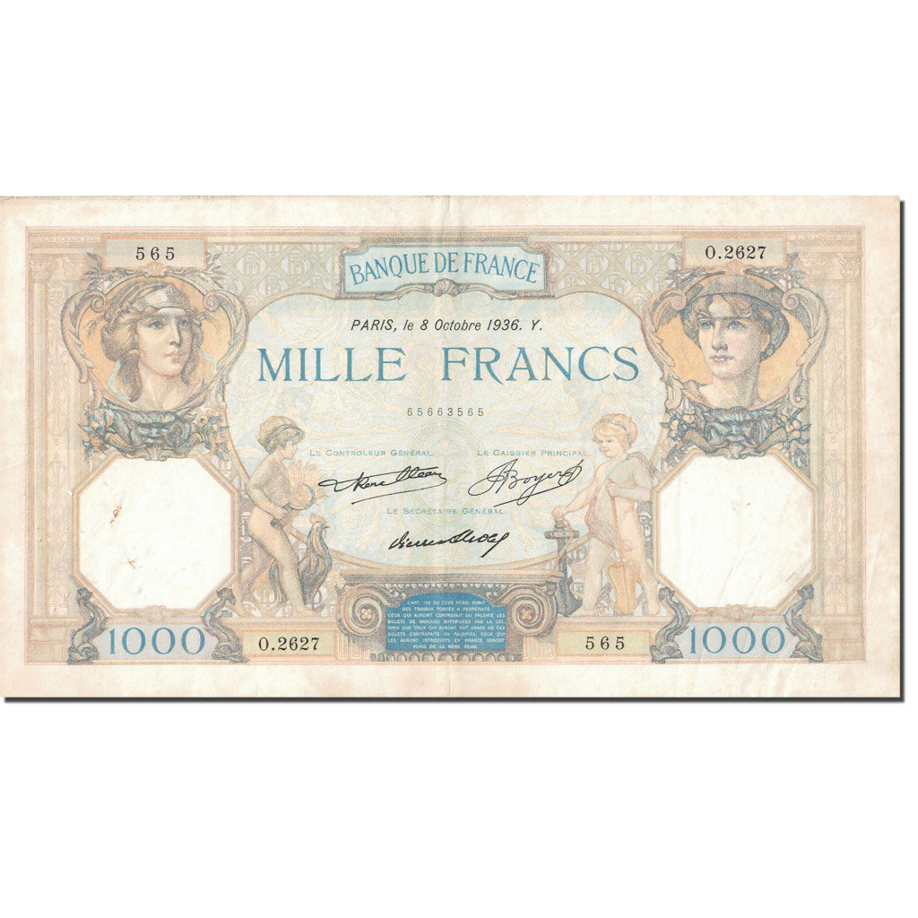 France, 1000 Francs, Cérès et Mercure, 1927, 1936-10-08, VF(30-35)