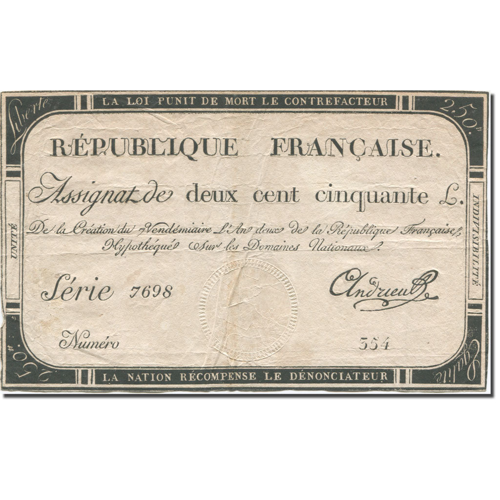 Frankrijk, 250 Livres, 1793, Andrieux, 1793-09-28, TB, KM:A75