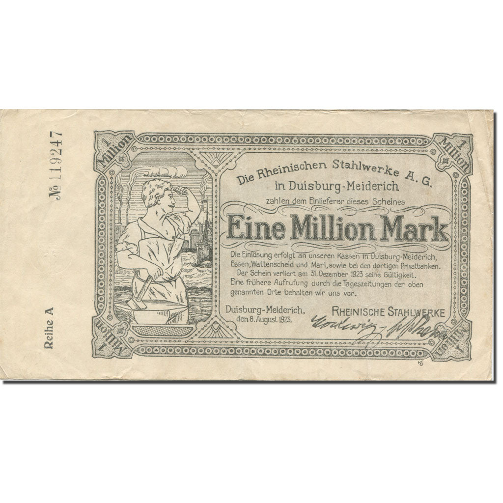 Banconote, Germania, Duisburg, 1 Million Mark, usine 4, 1923, 1923-12-31, MB