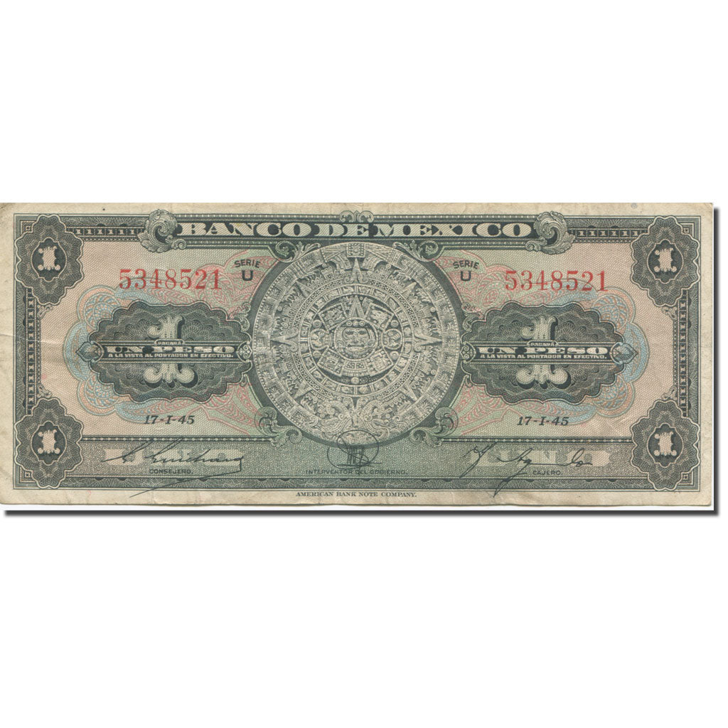 Banknote, Mexico, 1 Peso, 1940-1943, 1945-01-17, KM:38c, VF(20-25)