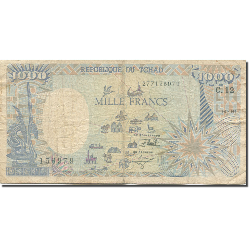 Banknote, Chad, 1000 Francs, 1985-1992, 1992-01-01, KM:10Ac, VF(30-35)