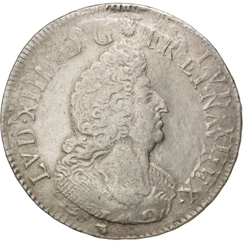 FRANCE, Écu aux insignes, ECU, 1703, Lyon, KM #329.6, VF(30-35), Silver, 26.83