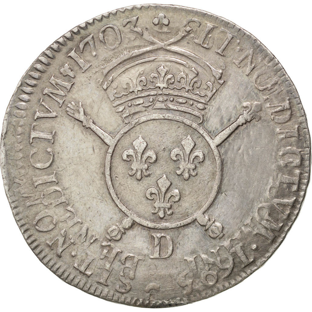 FRANCE, Écu aux insignes, ECU, 1703, Lyon, KM #329.6, VF(30-35), Silver, 26.83