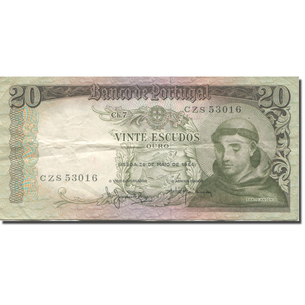 Banknote, Portugal, 20 Escudos, 1964-1966, 1964-05-26, KM:167a, EF(40-45)