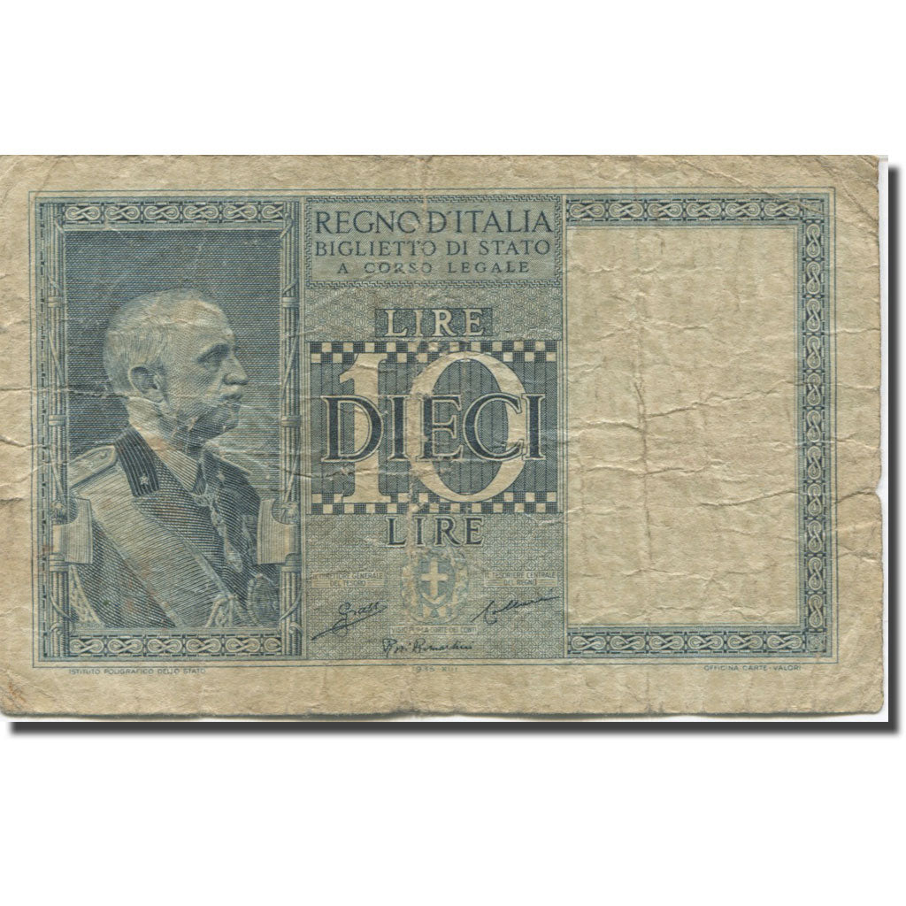 Banknote, Italy, 10 Lire, 1935, 1938, KM:25b, F(12-15)