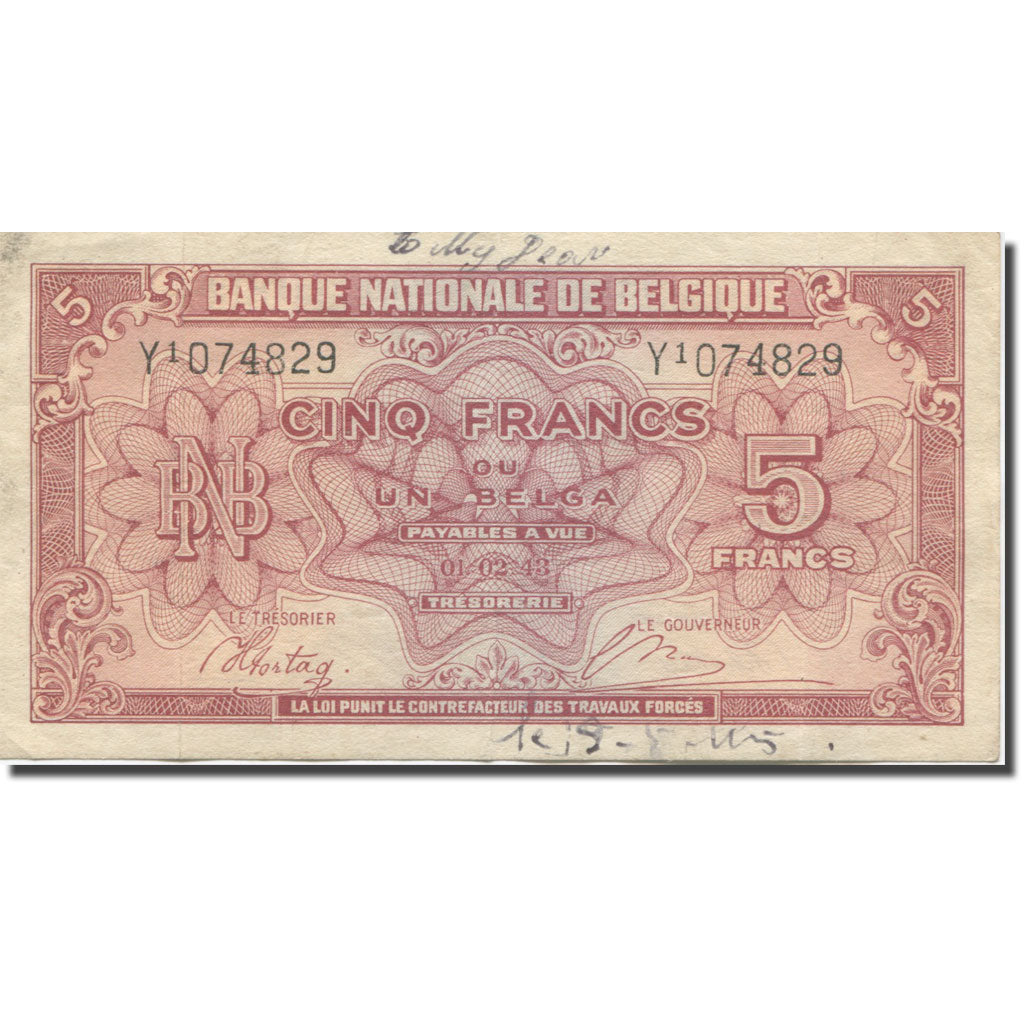 Banknote, Belgium, 5 Francs-1 Belga, 1943-1945, 1943-01-01, KM:121, VF(20-25)