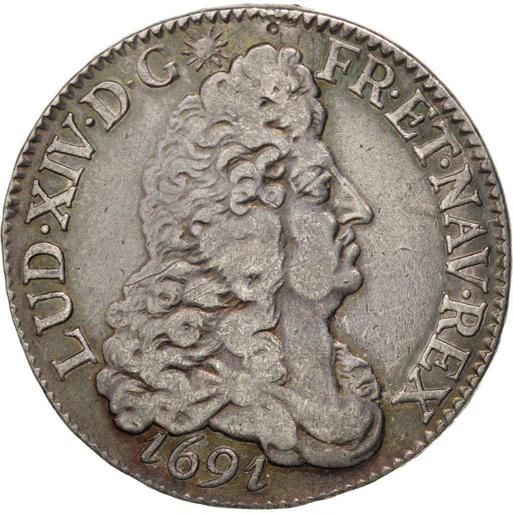Francia, Louis XIV, 1/2 Écu aux 8 L, 1/2 Ecu, 1691, Dijon, BB, Argento, KM:2...