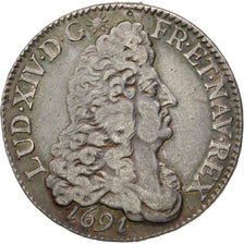 Francia, Louis XIV, 1/2 Écu aux 8 L, 1/2 Ecu, 1691, Dijon, BB, Argento, KM:2...