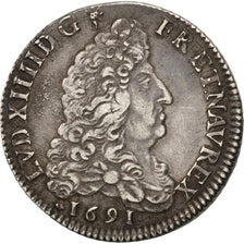 FRANCE, 1/4 Écu aux 8 L, 1/4 ECU, 1691, Rouen, KM #270.2, EF(40-45), Silver, ...