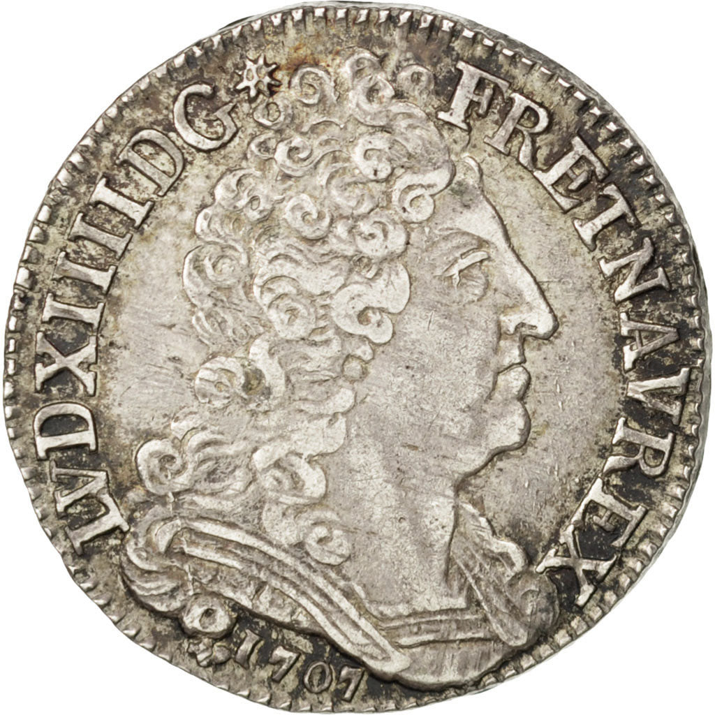 FRANCE, 20 Sols aux insignes, 1/4 ECU, 1707, La Rochelle, KM #376.4, AU(50-53),.