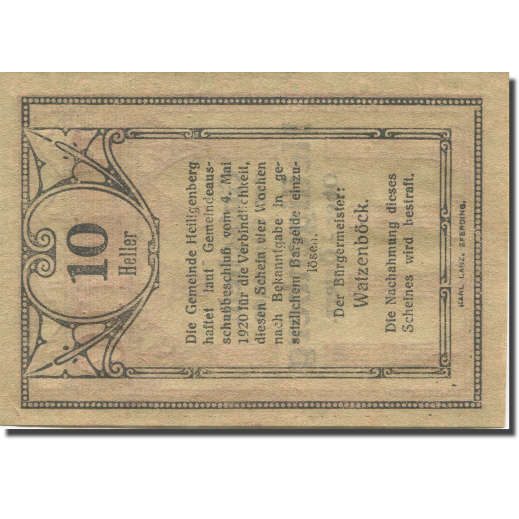 Banknote, Austria, Heiligenberg, 10Heller, colonne 1, 1920 UNC(63) Mehl:FS 361Ia