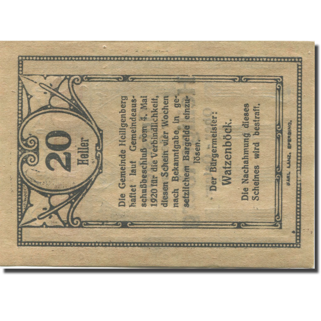 Banknote, Austria, Heiligenberg 20 Heller, colonne 2, 1920 UNC(63) Mehl:FS 361Ia