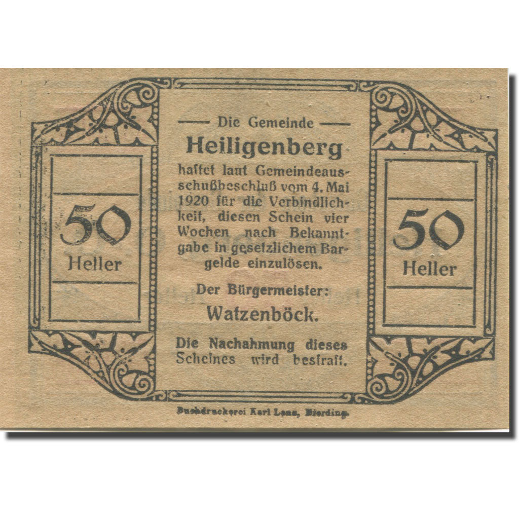 Geldschein, Österreich, Heiligenberg, 50 Heller 1920 UNZ- Mehl:FS 361Ia