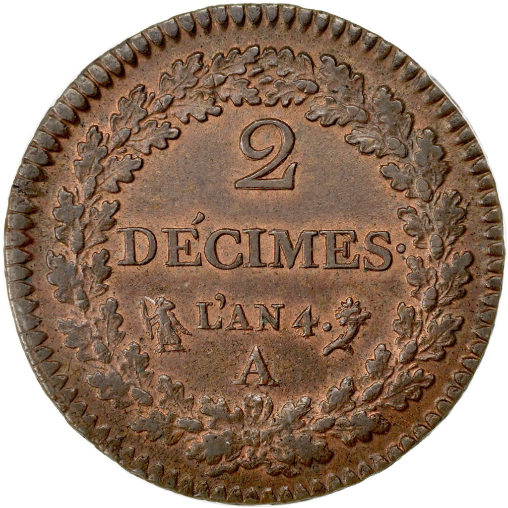 France, Dupré, 2 Décimes, 1795, Paris, KM:638.1, PCGS MS63BN